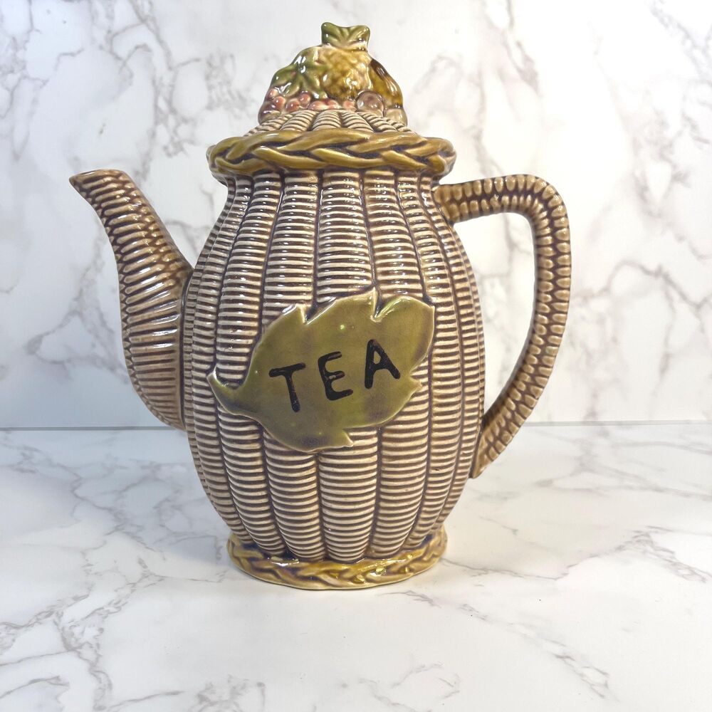 Vintage Tilso Japan Basketweave Teapot, Mid-Century Ceramic Fruit Lid, Retro
